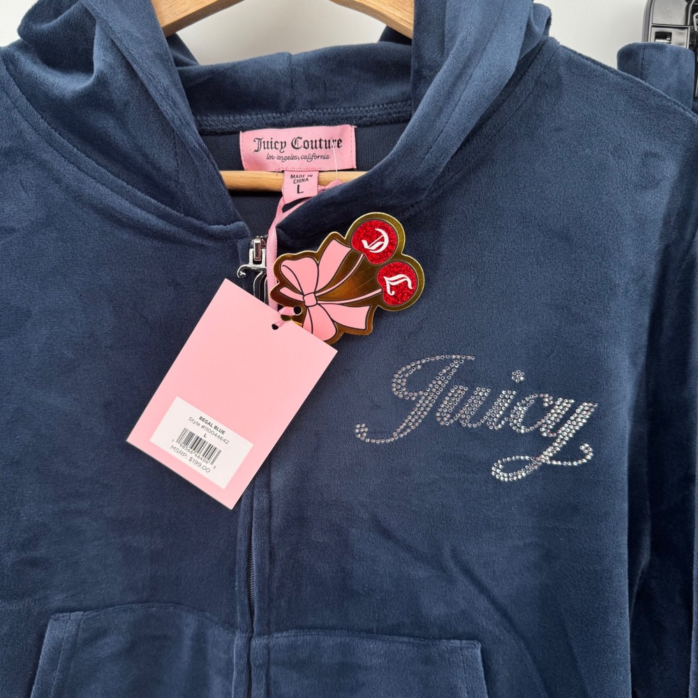 $199 Juicy Couture Large OG Bling Regal Blue Velour Tracksuit Hoodie Pant Set - Picture 3 of 7